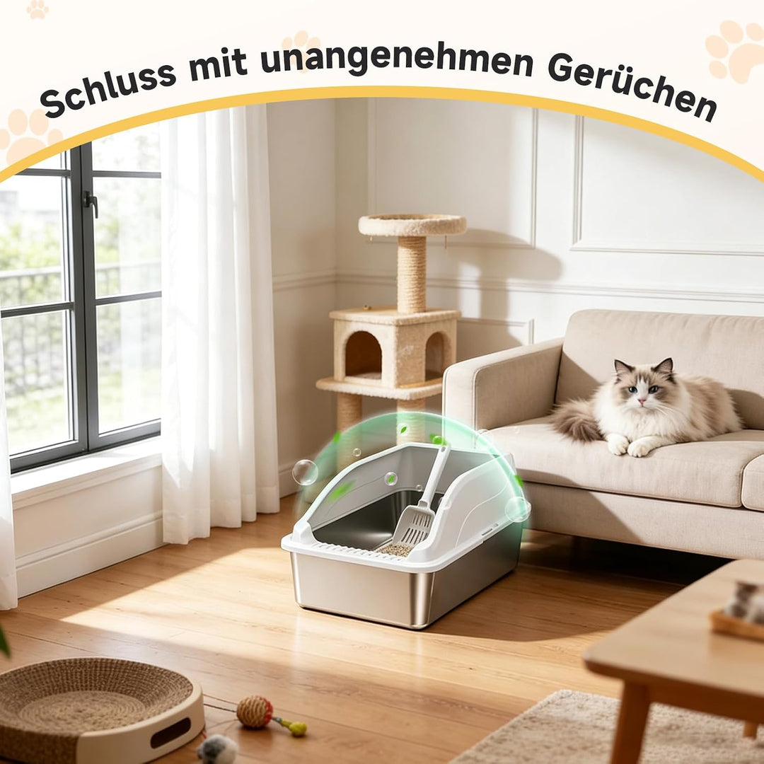 Edelstahl Katzentoilette XL, Schrägwand, Kratzfest, geruchsfrei | Porenfrei, leicht reinigbar. Schrä