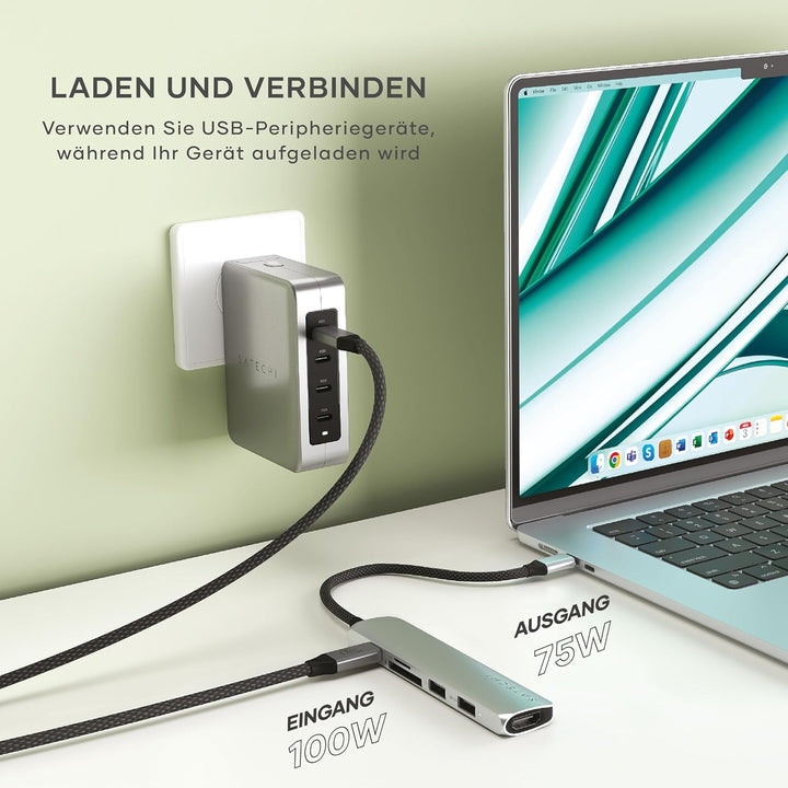 SATECHI 6-in-1 Slim Plus USB-C-Hub, Multiport-Adapter mit 100-W-PD-Ladefunktion, HDMI 4K@60Hz, 2 x U
