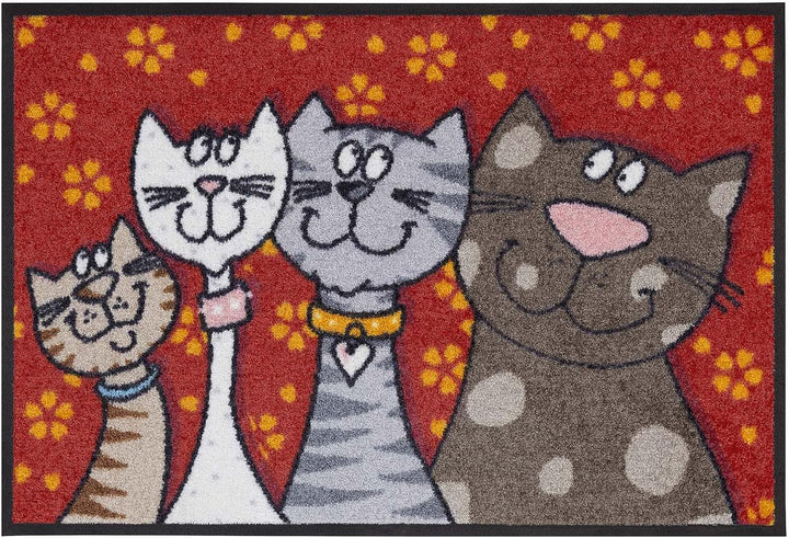 Salonloewe Fussmatte waschbar Katzenfamilie 50x75 cm HausTür-Eingangs-Matte lustig rot-bunt Tiere Fu