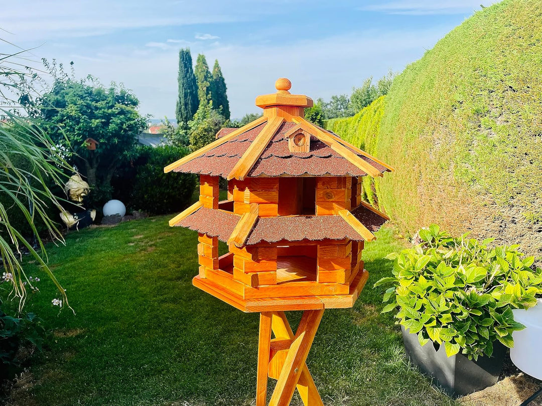 Vogelvilla wetterfest von L bis XL Futterhaus Vogelhaus mit oder ohne Ständer in Braun mit Rot, Grün