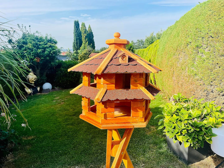 Vogelvilla wetterfest von L bis XL Futterhaus Vogelhaus mit oder ohne Ständer in Braun mit Rot, Grün