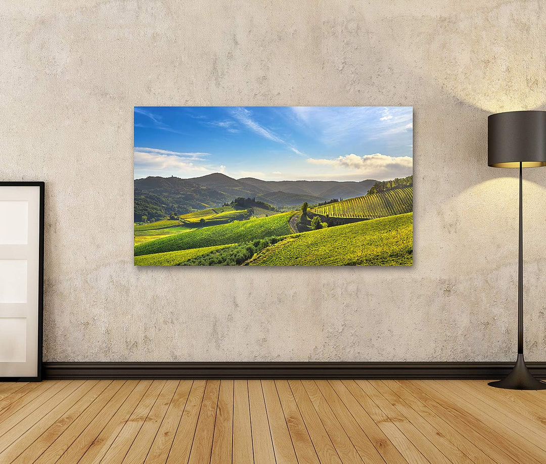islandburner Bild auf Leinwand Radda Chianti Weinberg Panorama Sonnenuntergang Toskana Italien Herbs