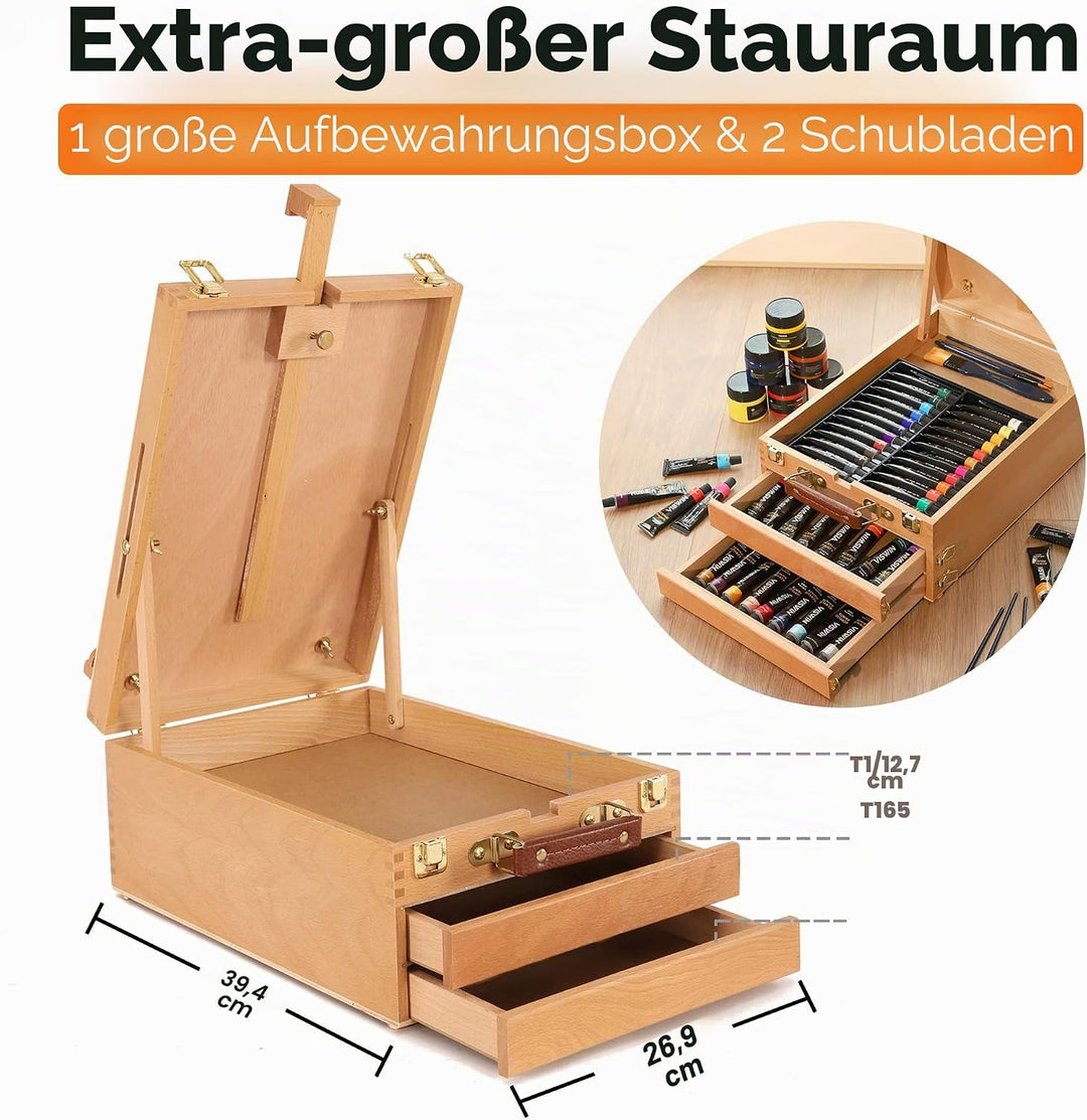 VISWIN Grosse Tisch-Staffelbox mit 3 Schubladen, Hält Leinwände bis zu 63 cm, tragbare Staffeleibox