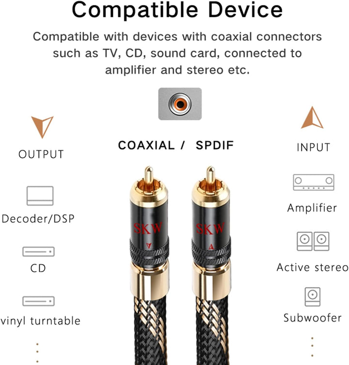 SKW Cinch RCA Digitales Koaxialkabel, S/PDIF RCA Subwoofer Kabel mit Selbstverriegelung Design, für