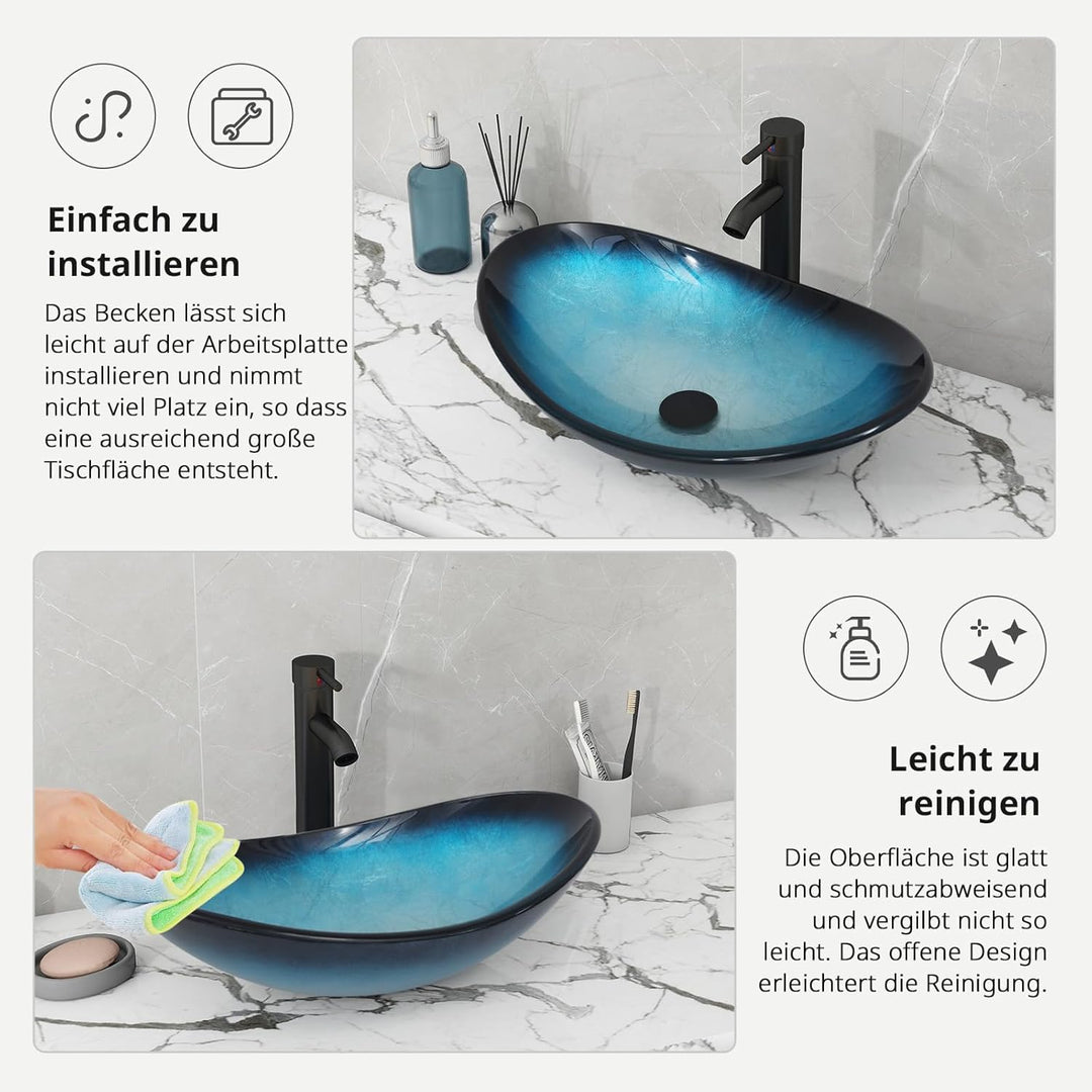 ARTETHYS Waschbecken Glas Aufsatzwaschbecken mit Wasserhahn Ablaufgarnitur, Oval Waschschale Waschti