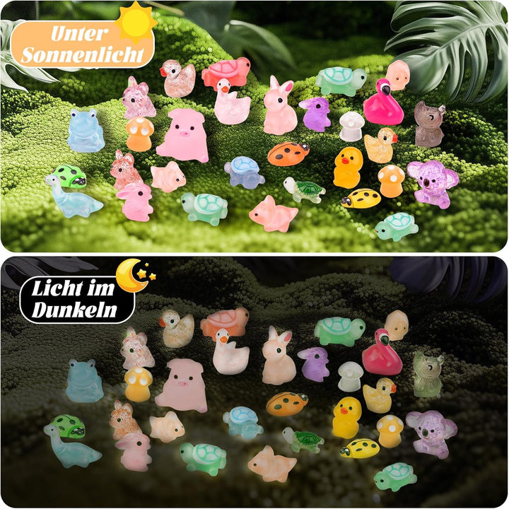 160 Stück Mini Harz Tiere, Miniatur Figuren Leuchtende Bunte Kleine Tierfiguren Kaninchen Enten Dino