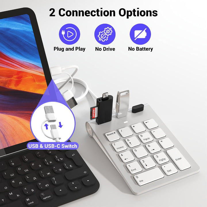 2-in-1 Numpad Wired mit 3-Port USB-Hub, USB-A &amp; USB-C Ziffernblock mit 15° Ergonomie-Neigung für Lap