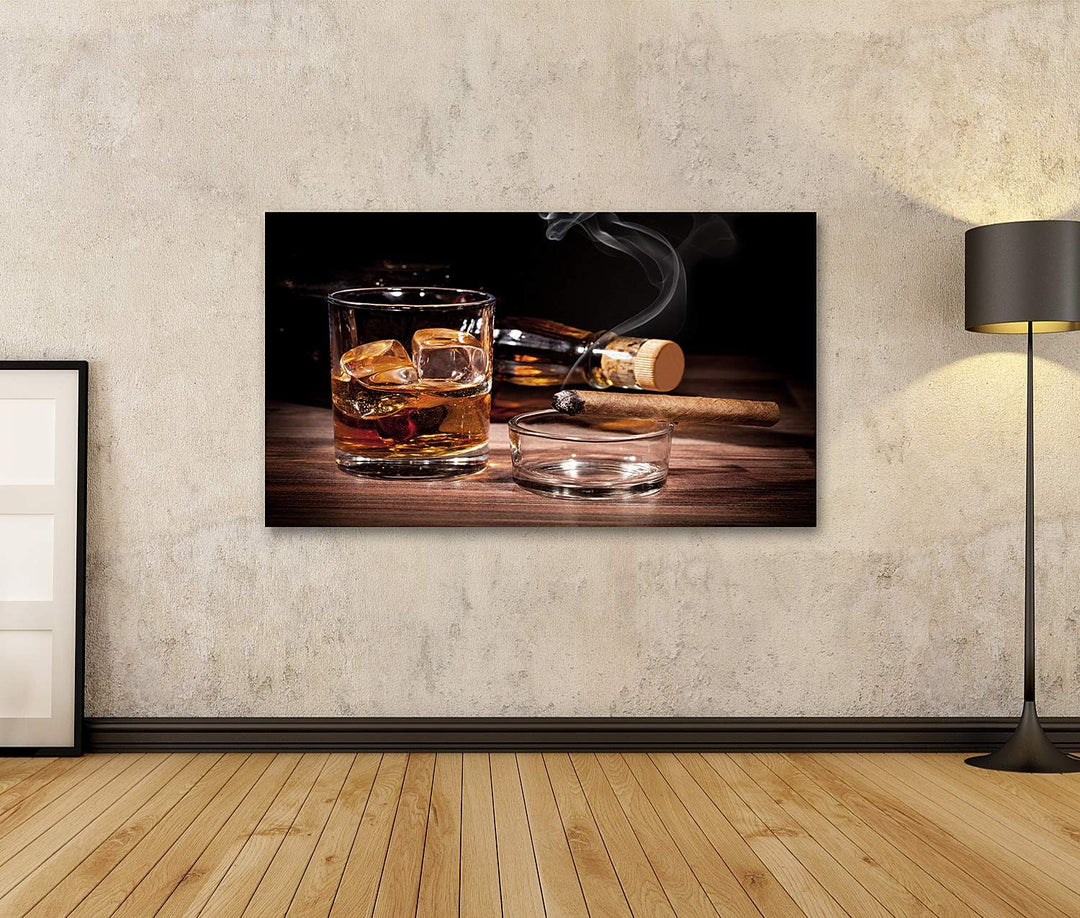 islandburner Bild auf Leinwand Glas Whiskey Zigarre Schwarzer Hintergrund Bilder Wandbilder Poster L