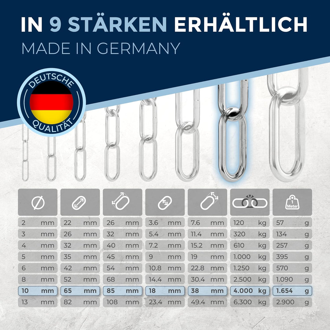 3 Stück 50cm = 0,5 Meter 10mm starke Absperrkette Meterware V4A Stahlkette langgliedrig am Stück A4