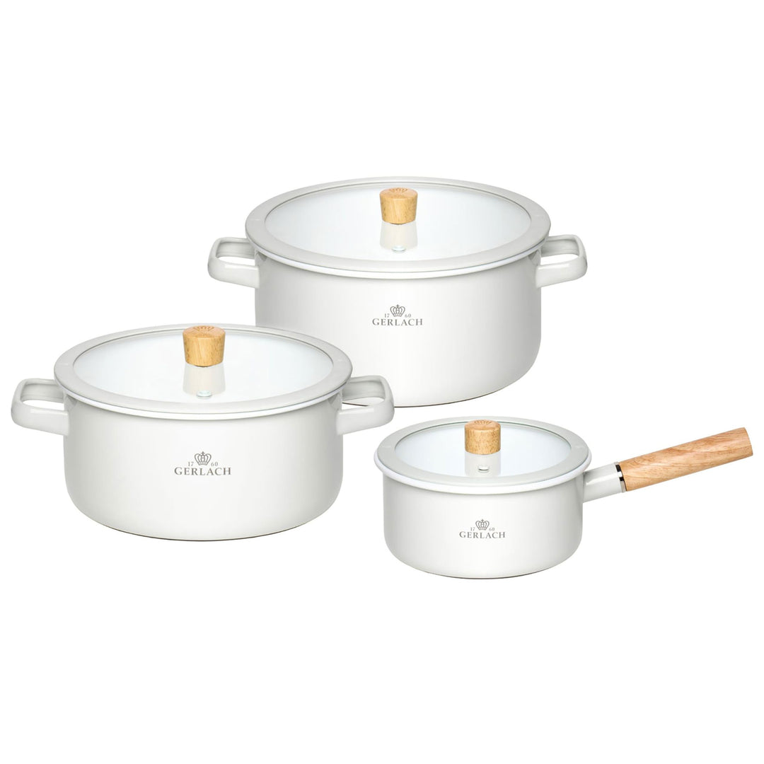 Gerlach 1760 Topfset - 2 Töpfe 3 L 5 L - 1 Kasserolle 2 L - Emaille Topf - Alle Herdarten - Deckel a