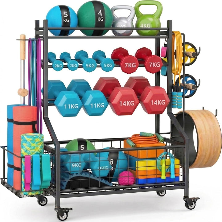 Hantelständer &amp; Gewichtsablage für Home Gym, All-in-One Fitness Aufbewahrung mit Rollen &amp; Haken für
