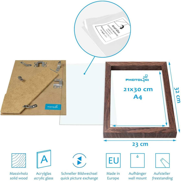PHOTOLINI Bilderrahmen Holz A4 21x30 Eiche Dunkel, Holzbilderrahmen DIN A4 Made in EU, 4er Set, bruc