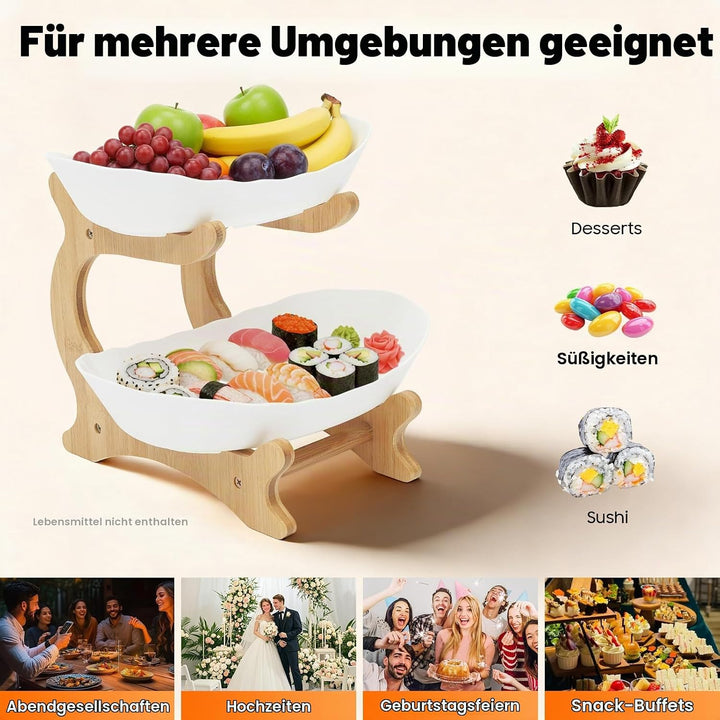 Obstschale Obstserviertablett, brotkorb Bambusholzrahmen, 2 lebensmittelechte PP-Schalen, Frisch und