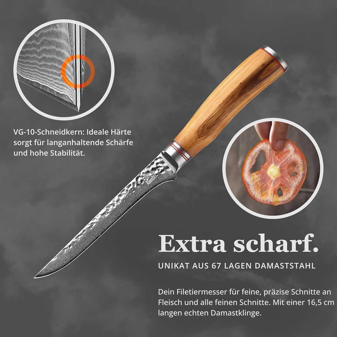 Zayiko Minami Olive Damast Filetiermesser 16,50 cm Klinge extrem scharf aus 67 Lagen I Damast Küchen