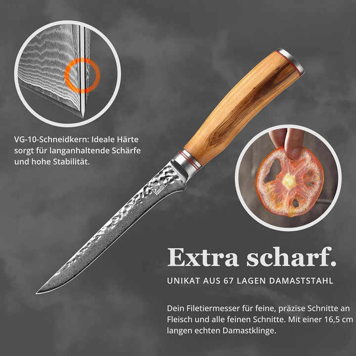 Zayiko Minami Olive Damast Filetiermesser 16,50 cm Klinge extrem scharf aus 67 Lagen I Damast Küchen