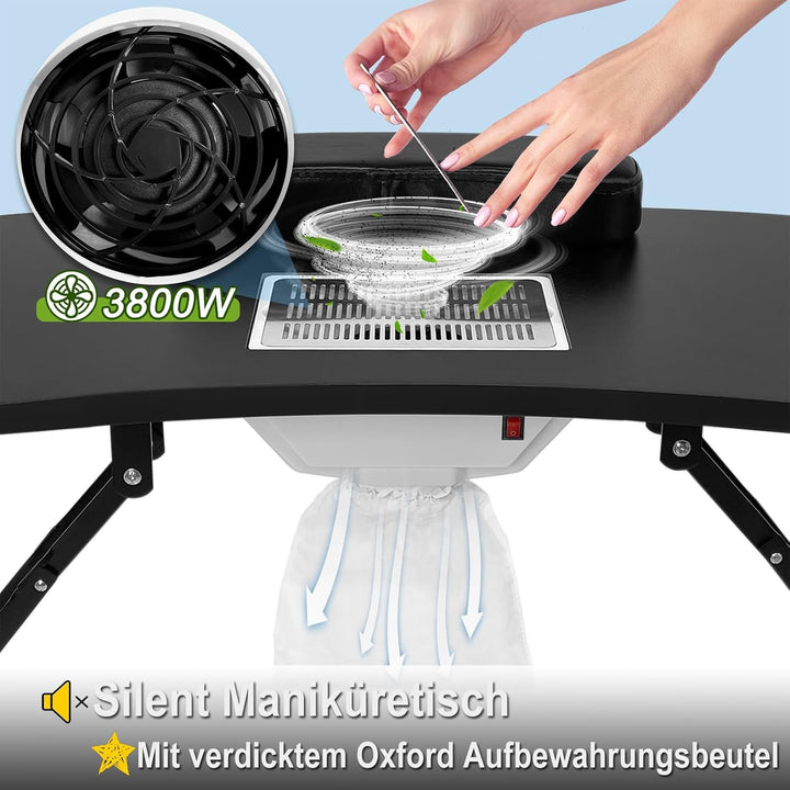 Faltbar Maniküretisch mit Absaugung, 98x44 x77 cm Maniküre Tisch Nageltisch mit Staubbeutel Tragbare