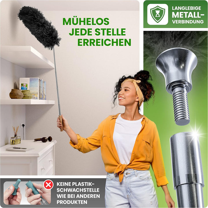 Staubwedel Teleskop - Effektiver Staubfänger mit speziellen Mikrofaser - Bambusgriff - Hergestellt a