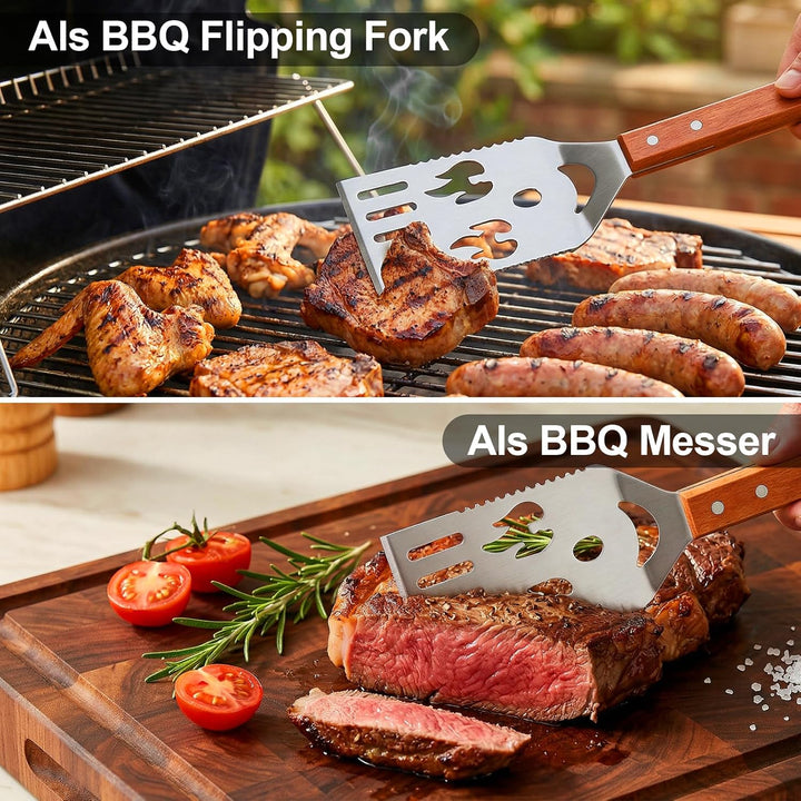 7 in 1 grillspachtel für Barbecue Grill Multifunktion Grillbesteck mit Holzgriff Geschenke für Männe