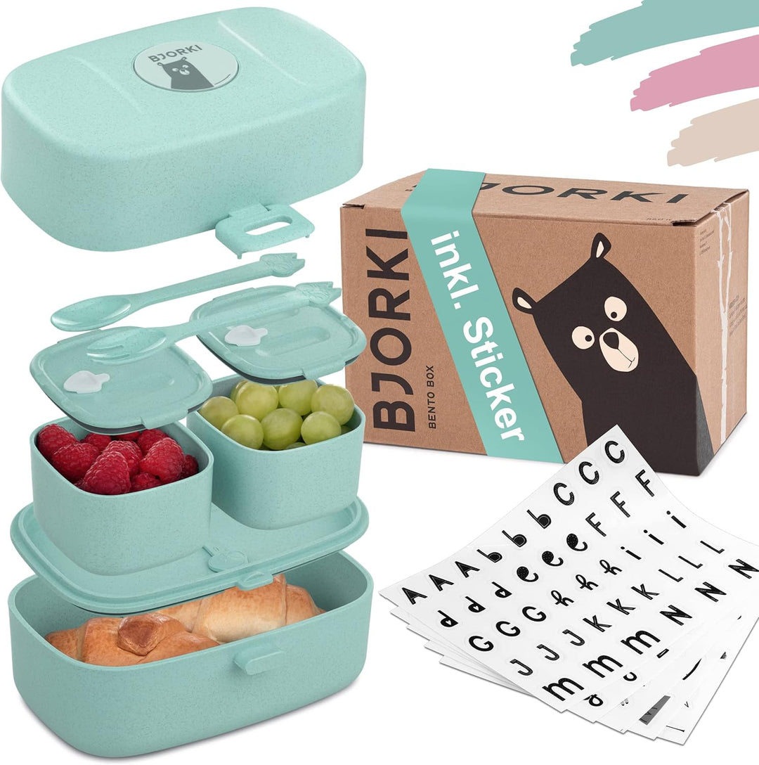 BJORKI® Bento Box für Kinder inkl. Bonus Namensticker - Auslaufsichere Lunchbox mit Fächern - Nachha