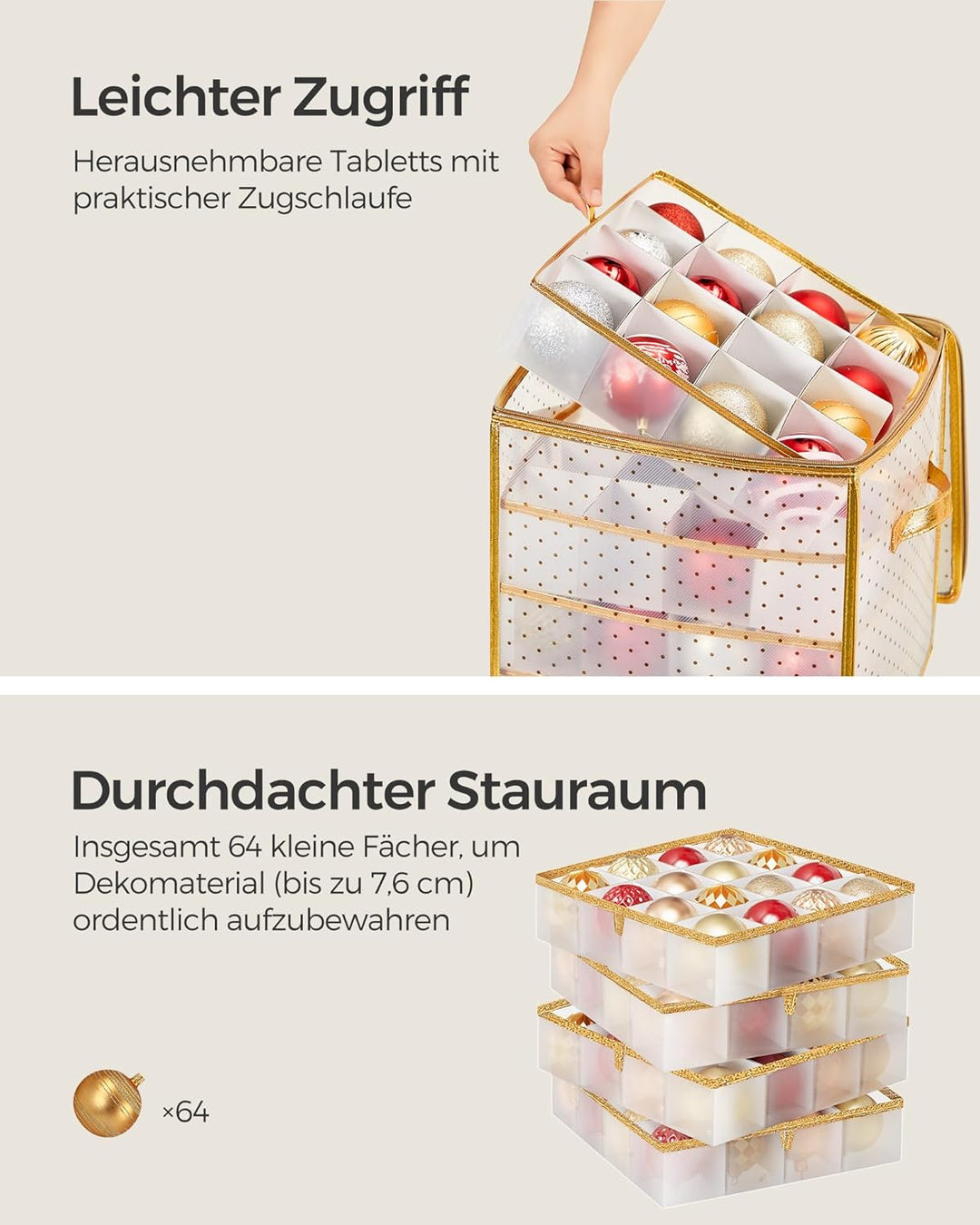 SONGMICS Aufbewahrungsbox für Weihnachtskugeln, Weihnachtskugeln Aufbewahrung, 64 Fächer je 7,6 cm,