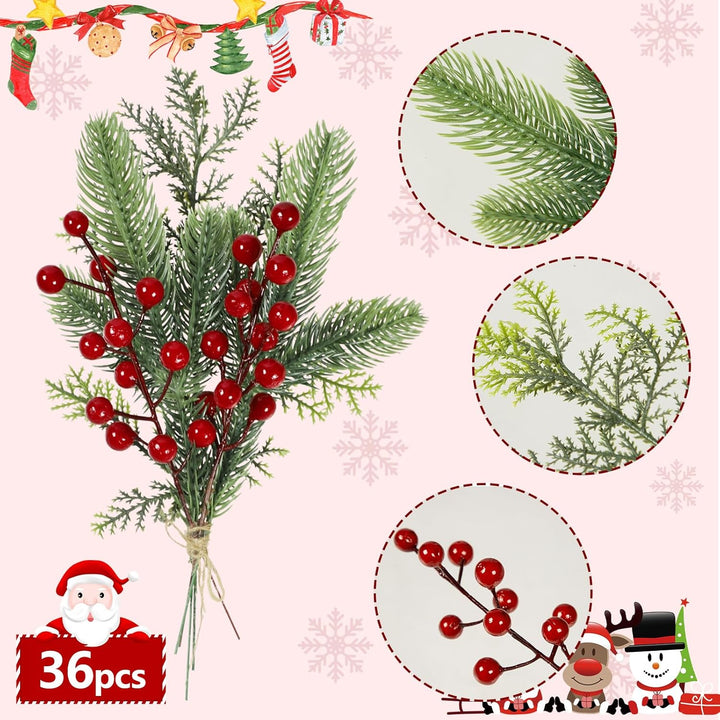 Famibay 36 Stück Tannenzweige Künstlich Rote Beeren Zweige Tannenzweige Weihnachten Kiefernzweige Ku