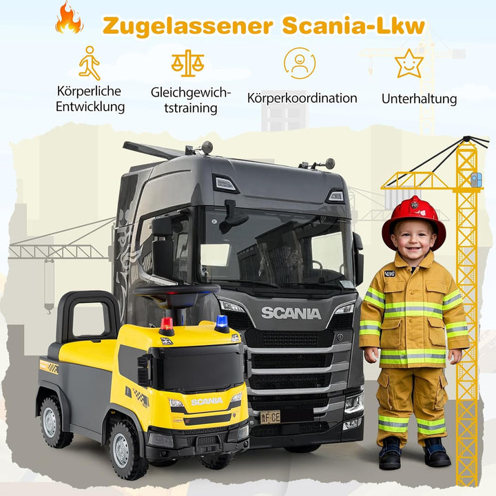 GOPLUS Kinder Rutschauto, 2 in 1 Schiebeauto, Bauwagen mit Lichtern, Geräuschen & Stauraum unter dem