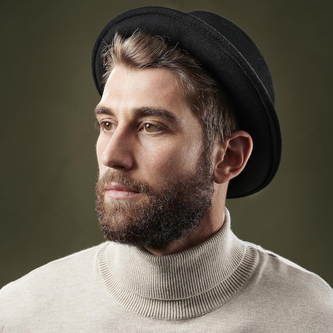 Pork Pie Hut für Herren, schwarze Wolle, flache Oberseite, Fedora-Hut, Trilby-Hut, Unisex, Porkpie-H