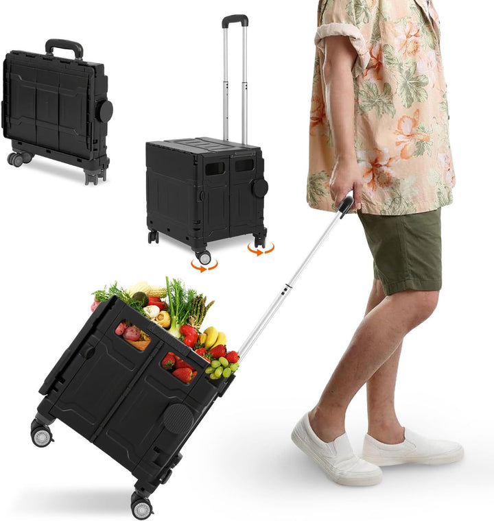 Einkaufstrolley Klappbar 50L, Faltbare Einkaufskiste mit Deckel, 4 x 360° Rollen &amp; verstellbarem Tel