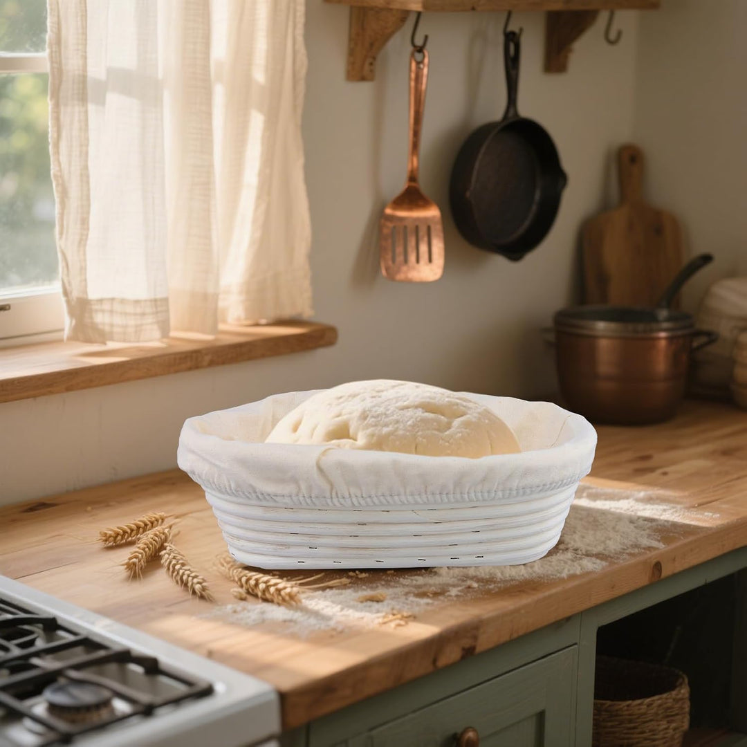 SINJEUN 2er Set Gärkorb Oval 25 cm und 28 cm, Rattan Brotkorb mit Leinentuch für Brot Backen, Küche,