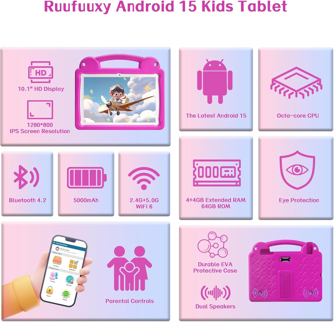 Kids Tablet 10.1 Zoll, Android Tablet für Kinder, Android 15, 1280x800 Display, Octa-Core CPU, 8GB+6