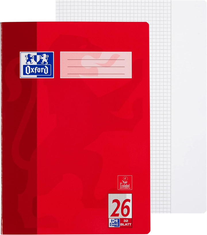 Oxford 384403226 Schule Schulheft A4 kariert, mit Rand, Lineatur 26, 32 Blatt, rot, 10er Pack &amp; DUO