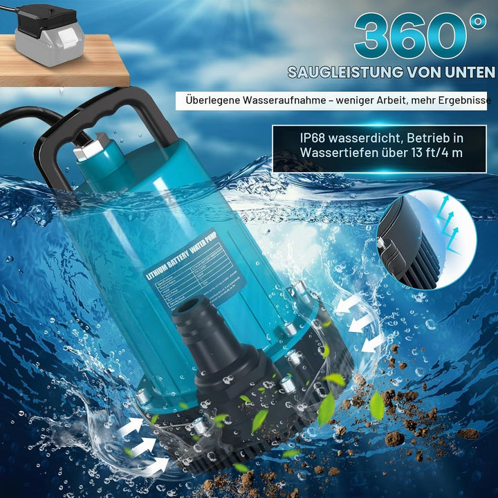 Akku Tauchpumpe Kompatibel mit Makita 18V Batterie (Ohne Akku), 2800L/H Fördermenge, Förderhöhe 12m,