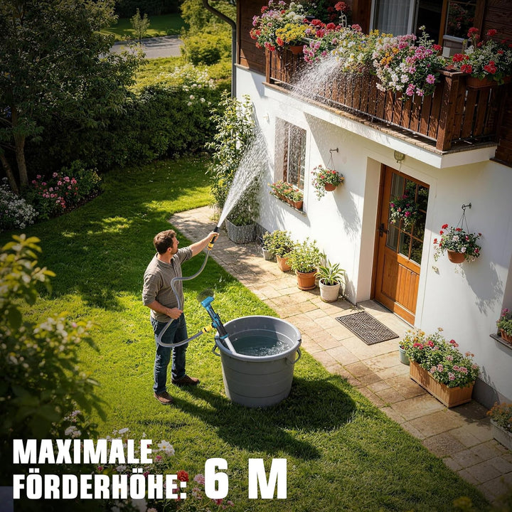 Akku Regenfasspumpe Kompatibel mit Makita 18V, Max. 3000 L/h, 6m Förderhöhe | Kabellose Wasserpumpe