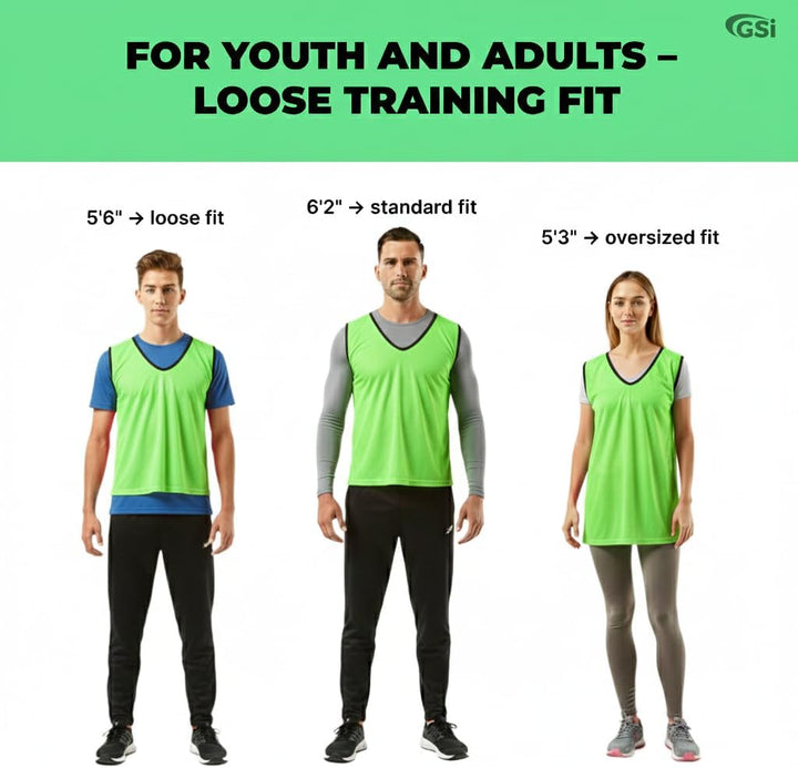 GSI Sports Pinnies – Packs of 6 or 12 – Free Size – Mesh Training Vests for Soccer, Basketball –7 Co