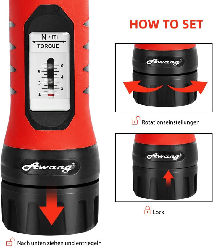 Awang Drehmoment-Schraubendreher 1-6NM Drehmomentschlüssel 36tlg.für Fahrrad Reparatur mit Bithalter