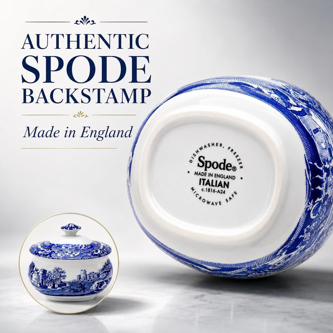 Spode Blaue italienische Zuckerdose mit Deckel.