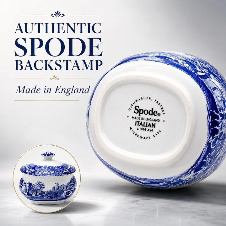 Spode Blaue italienische Zuckerdose mit Deckel.