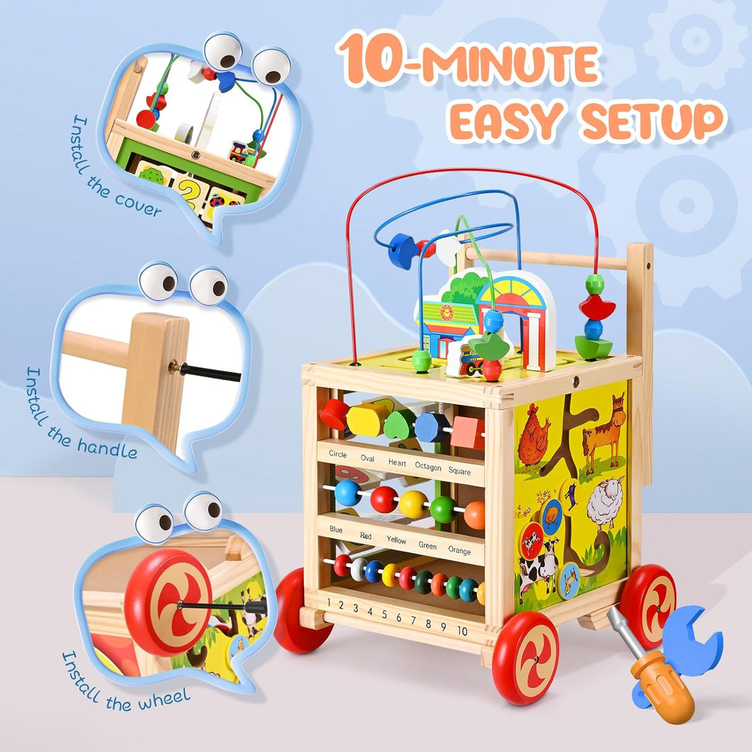 Lauflernwagen aus Holz - Höhenverstellbare Lauflernhilfe mit Puzzle, und Zahlen - Pädagogisches Baby