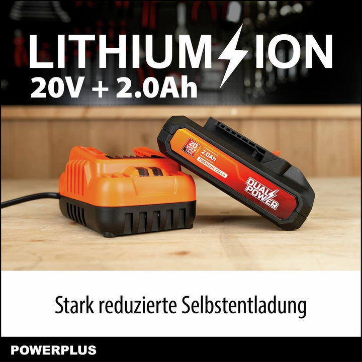 POWERPLUS Dual Power Akku- und Ladegerät-Set POWDP90620-20V, 2.0Ah Akku - für 20V Werkzeuge - 2A Lad
