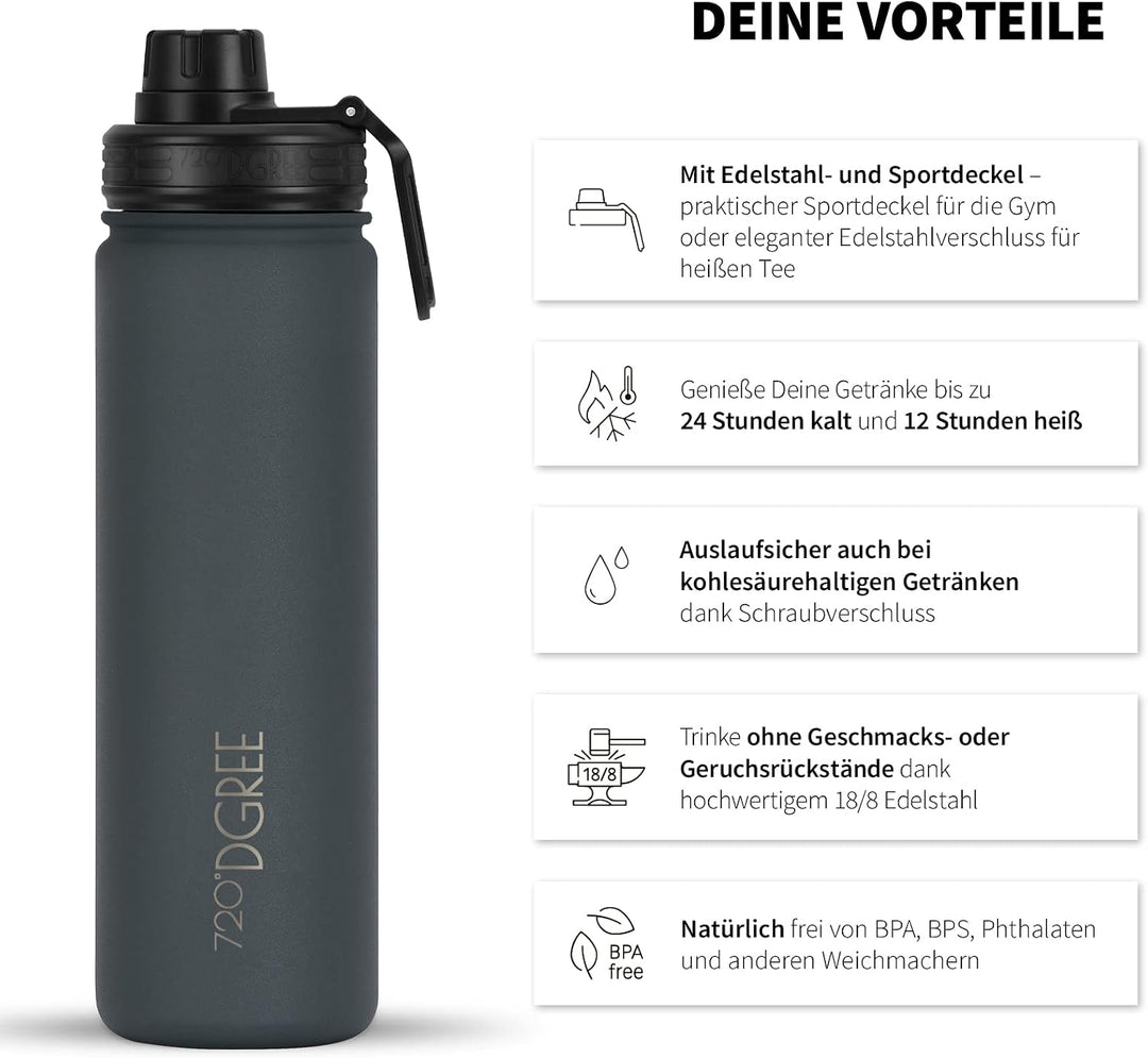 720°DGREE Edelstahl Trinkflasche 1200ml “noLimit” - Auslaufsicher, Kohlensäure geeignet, BPA-Frei -