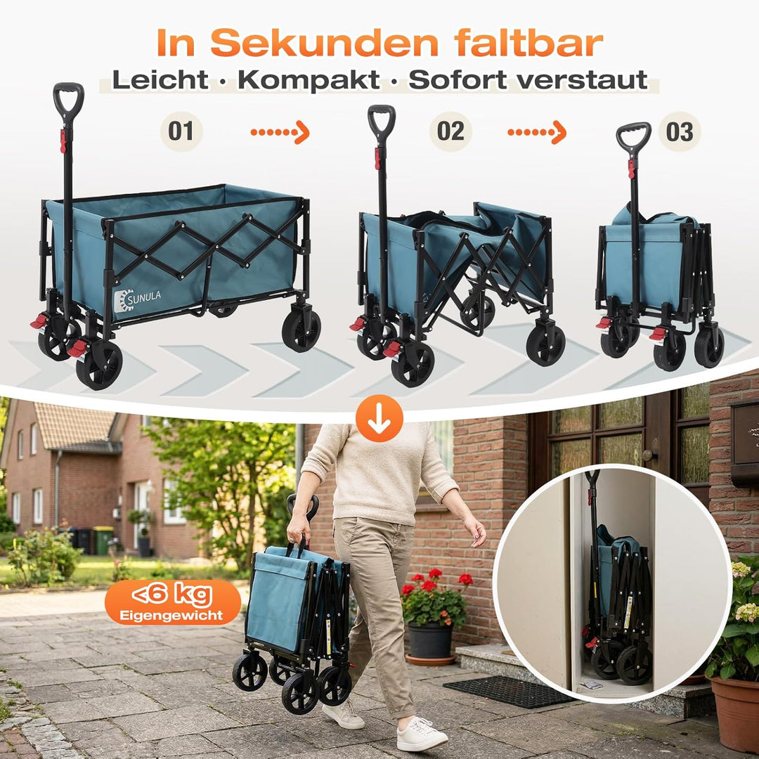 SUNULA Bollerwagen Faltbar Klein 80L 100KG, Faltbarer Handwagen, Klappbarer Faltbollerwagen mit Halb