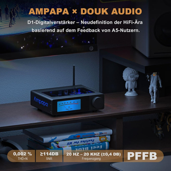 D1 2-Kanal Bluetooth Verstärker: HiFi 300W×2 Stereo Amplifier mit HPF | Digitalem VU-Meter | SUB Pre