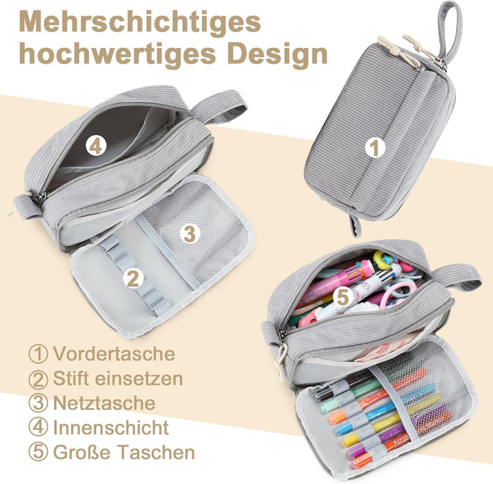 LEDAOU Stiftetasche, Grosse Kapazität Federmäppchen mit Reissverschluss, Schulmaterial für Teenager