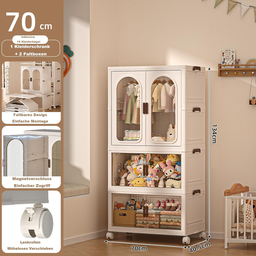 Faltbarer Kleiderschrank mit Rollen, 365L, 3 Ebenen Kunststoffschrank, Transparente Türen, Staubdich