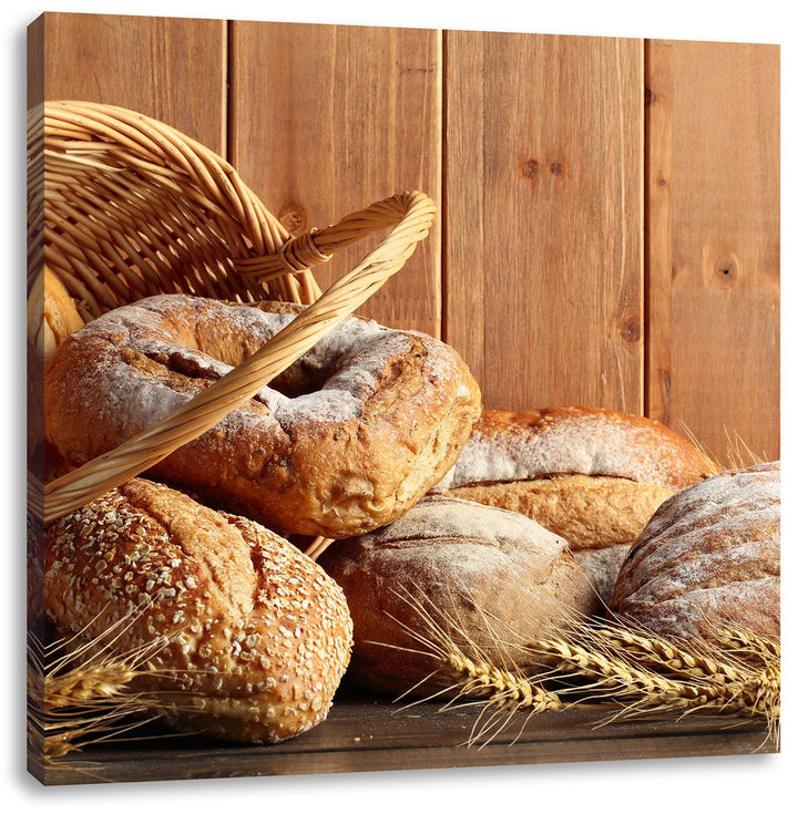 Pixxprint Korb mit leckerem frischen Brot, Format: 70x70 auf Leinwand, 70x70