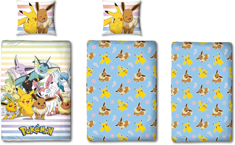 Pokemon Bettwäsche Set 3-teilig 135x200 80x80 cm mit Spannbettlaken 90x200 cm · Pokémon Pikachu hell