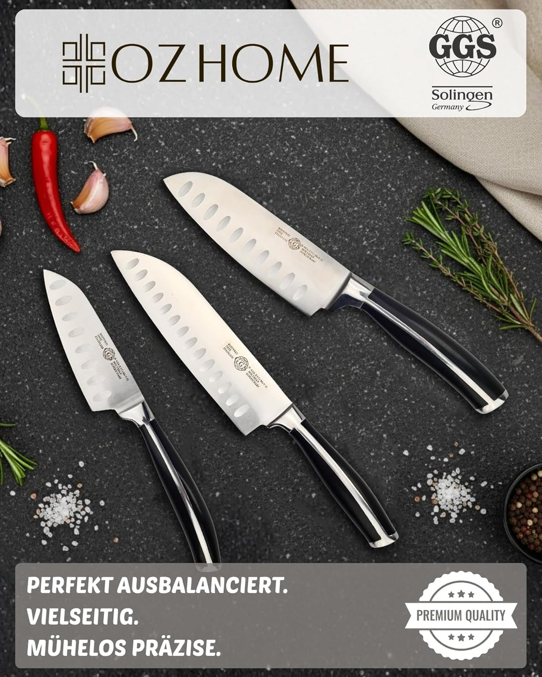 GGS Solingen Santoku Messer Set 4-teilig – Küchenmesser Set Edelstahl mit Messerblock, 3 Santokumess