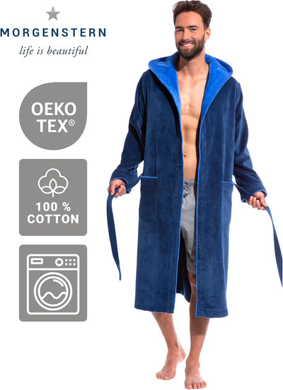 Morgenstern Bademantel Herren Kapuze 100% Baumwolle Frottee Velours Lang Finn M Blau, M Blau