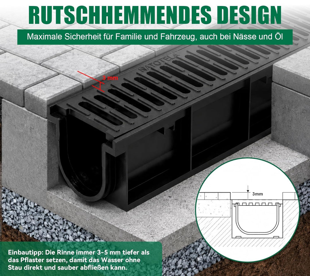 3m Entwässerungsrinne mit B125 Gussrost GJS - 1000 x 155 x 140 mm - Bodenrinne Ablaufrinne für Garag