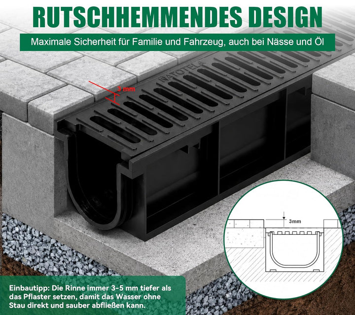 3m Entwässerungsrinne mit B125 Gussrost GJS - 1000 x 155 x 140 mm - Bodenrinne Ablaufrinne für Garag